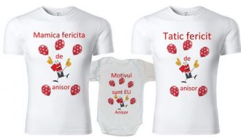 Set 4 tricouri personalizate si 1 body (mama, tata, nas, nasa, bebe) 1st year